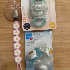 MAM Floral Pacifiers and Silicone Strap Set - Green and Pink